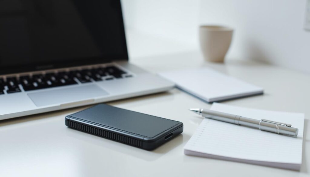 A serene workspace with a sleek laptop, a secure hardware wallet, and a pen and paper. The lighting is soft and even, creating a contemplative atmosphere. The hardware wallet, prominently displayed, symbolizes the importance of offline storage for private keys. The pen and paper represent the need for analog backups and offline note-taking. The laptop's screen is turned away, hinting at the digital realm where transactions occur. The overall composition conveys the delicate balance between digital and physical security measures for safeguarding private keys.