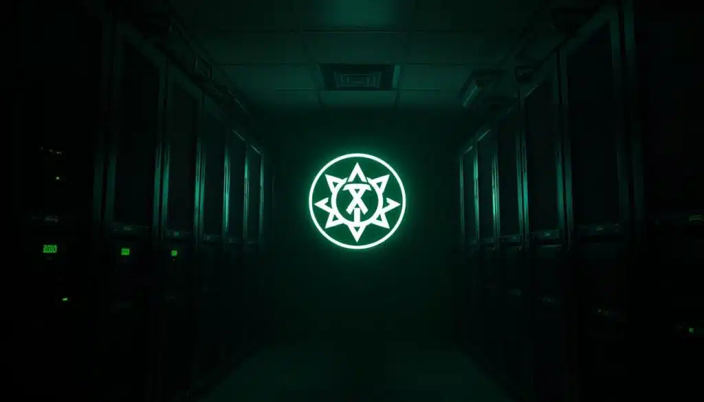 A shadowy, anonymous crypto exchange operating in the digital shadows, its servers cloaked in secrecy. Servers hidden in obscured datacenters, dimly lit with a mysterious green glow. Faceless traders and anonymous figures move digital assets through hidden channels, evading traditional regulatory oversight. The exchange's logo, a cryptic symbol, is the only visible sign of its existence, a gateway to a world of unregulated finance. The atmosphere is tense, with an underlying sense of unease, reflecting the high-stakes and regulatory uncertainty surrounding this enigmatic entity.