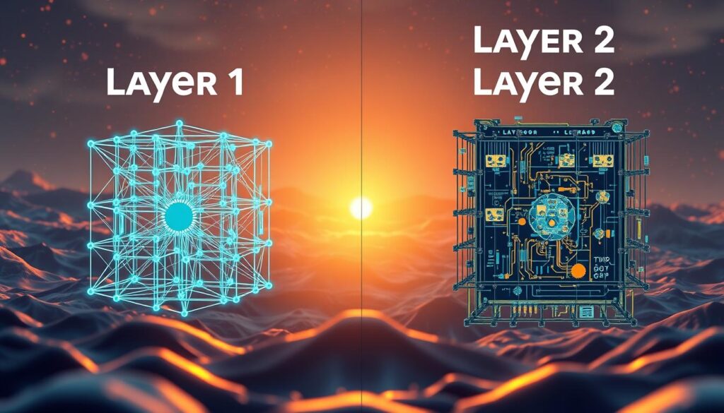 A side-by-side comparison of layer 1 and layer 2 blockchain solutions, meticulously detailed with technical precision. In the foreground, a layer 1 network architecture showcases its robust security and scalability, while the layer 2 solution adjacent highlights its lightning-fast transaction speeds and reduced gas fees. The middle ground features complex blockchain algorithms and consensus mechanisms, illuminated by a soft, warm lighting that creates a harmonious balance. In the background, a serene landscape of nodes, hashes, and cryptographic puzzles sets the stage for this deep dive into the technical nuances of these two complementary blockchain approaches.