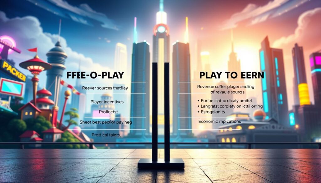A side-by-side comparison of the free-to-play and play-to-earn gaming models, set against a backdrop of a futuristic cityscape. In the foreground, two contrasting game worlds emerge - the free-to-play realm featuring a cartoonish, whimsical aesthetic, and the play-to-earn universe with a sleek, high-tech appearance. The middle ground showcases the key differences between the models, such as revenue sources, player incentives, and economic implications. The background is illuminated by a vibrant, neon-infused skyline, creating a dynamic and immersive atmosphere. Lighting is soft and diffuse, with a balance of warm and cool tones to evoke a sense of balance and harmony between the two gaming approaches.