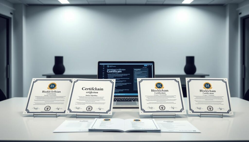 A side-by-side comparison of various blockchain certification programs, displayed on a sleek, minimalist desk setup. In the foreground, several certification documents are neatly arranged, showcasing their distinctive logos and designs. The middle ground features a laptop displaying detailed information about the certification requirements and benefits. The background is a softly-lit, modern office environment, with clean lines and muted colors that create a professional, academic atmosphere. The overall composition conveys a sense of diligent research and informed decision-making when it comes to choosing the right blockchain certification.