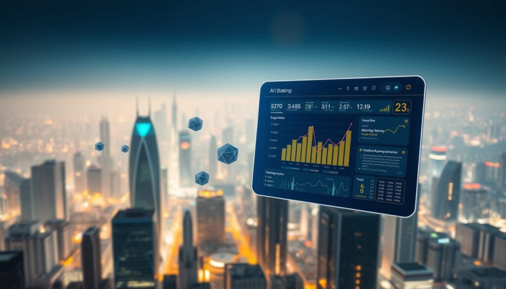 A sleek, AI-powered crypto staking rewards optimizer platform set against a futuristic cityscape. In the foreground, a holographic interface displays staking details, yields, and optimization tools. Floating data visualizations and charts illustrate staking performance and potential gains. The middle ground features abstract polygonal structures, conveying the advanced, technology-driven nature of the platform. In the background, a sprawling metropolis of gleaming skyscrapers and hazy, ambient lighting creates a sense of scale and sophistication. The overall mood is one of cutting-edge financial technology, seamless user experience, and the potential for maximized staking rewards.