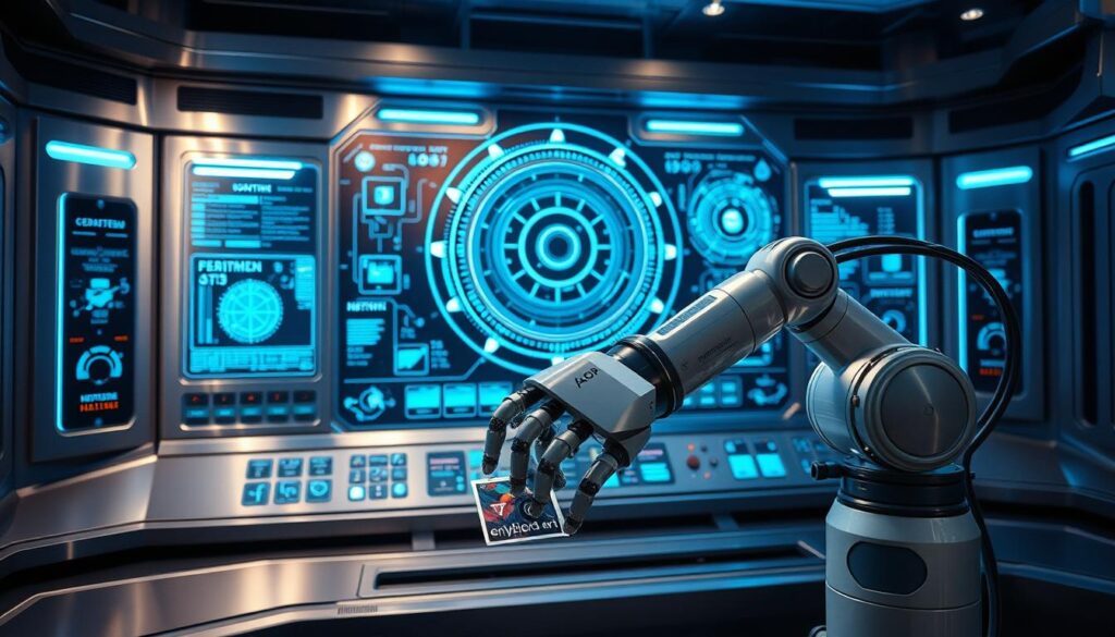 A sleek and futuristic control panel with a central holographic display, surrounded by a constellation of data visualizations and interactive widgets. Metallic panels and glowing blue accent lighting create a high-tech, automated atmosphere. In the foreground, a robotic arm effortlessly generates and attaches metadata to a series of digital artworks, streamlining the generative art creation process. The scene is bathed in a cool, ambient glow, conveying a sense of efficiency and precision in the algorithmic generation of unique NFT artworks.