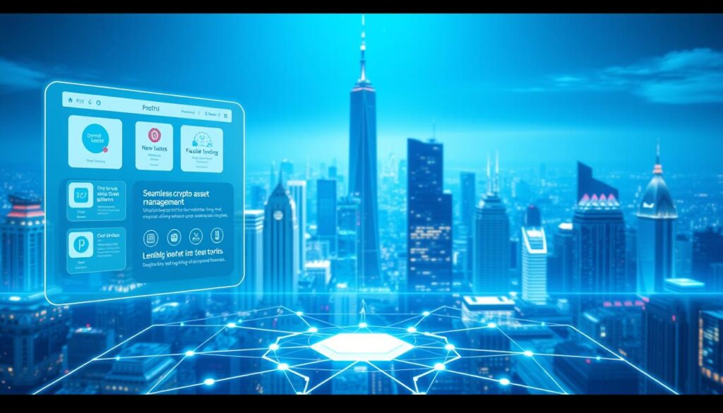 A sleek and futuristic rendering of key features of top DeFi lending platforms. In the foreground, a holographic display showcases intuitive user interfaces, with icons representing seamless crypto asset management, flexible lending terms, and real-time market data. The middle ground features a network of interconnected nodes, symbolizing the decentralized infrastructure powering these platforms. In the background, a cityscape of gleaming skyscrapers and neon-lit skylines evokes the cutting-edge technology and global reach of the DeFi ecosystem. The scene is bathed in a cool, ethereal lighting, conveying a sense of innovation, security, and cutting-edge finance.