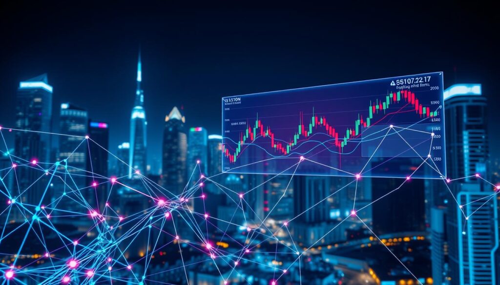 A sleek and futuristic visualization of advanced machine learning techniques in cryptocurrency forecasting. In the foreground, a complex neural network model with intertwined nodes and connections, pulsing with vibrant colors, symbolizing the intricate algorithms powering predictive analytics. In the middle ground, a holographic display shows candlestick charts, trend lines, and volatility indicators, reflecting the dynamic nature of crypto markets. The background depicts a cityscape at night, with skyscrapers illuminated by neon lights, evoking a high-tech, fast-paced financial environment. The scene is bathed in a cool, blue-tinted lighting, conveying a sense of technological sophistication and precision. The overall atmosphere is one of cutting-edge innovation, as the image showcases the power of machine learning to uncover insights and patterns in the volatile world of cryptocurrency.