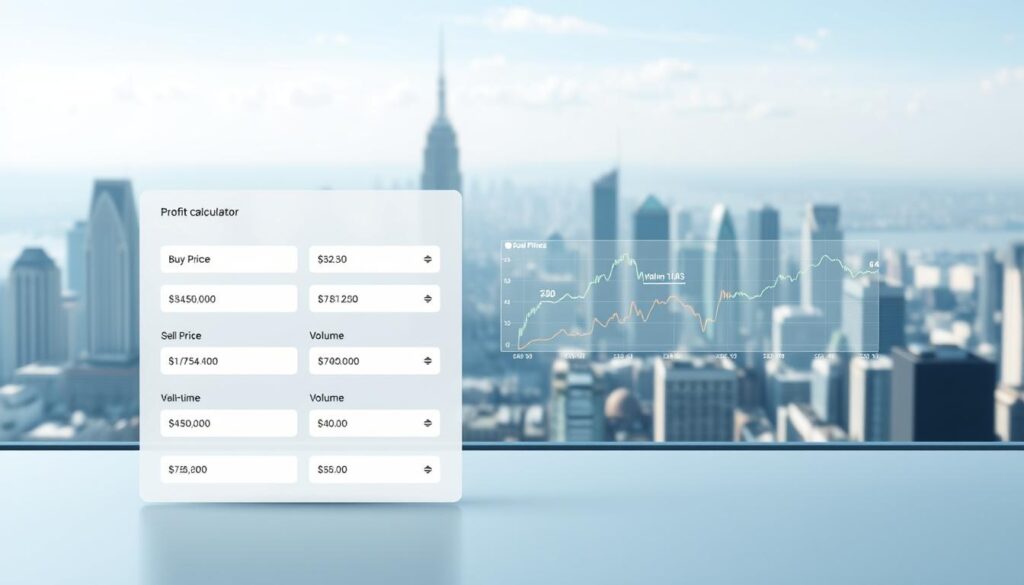 A sleek and intuitive profit calculator interface set against a backdrop of a futuristic cityscape. The foreground features a clean, minimalist design with clearly labeled input fields for cryptocurrency trading metrics such as buy price, sell price, and volume. Dynamic charts and graphs in the middle ground provide real-time visualizations of potential profits, while the distant cityscape in the background evokes a sense of the interconnected, technology-driven world of cryptocurrency arbitrage. Crisp lighting and a cool color palette lend an air of precision and professionalism to the scene, inviting the user to explore the tool's capabilities.