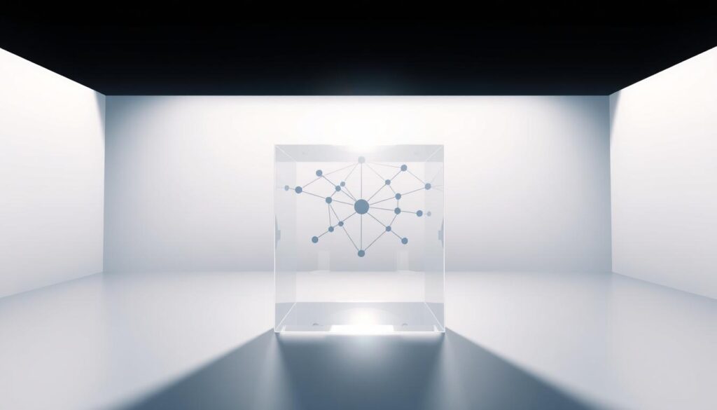 A sleek and minimalist illustration showcasing the fundamentals of zero-knowledge proofs. In the foreground, a transparent cube represents the proof, its facets emitting a soft, ambient glow. In the middle ground, an abstracted network of nodes and connections symbolizes the cryptographic principles underlying zero-knowledge proofs. The background features a subtle gradient, conveying a sense of depth and mystery. The lighting is carefully balanced, creating a clean, contemporary aesthetic. The overall composition emphasizes the conceptual nature of zero-knowledge proofs, inviting the viewer to explore the intricate workings of this powerful cryptographic technique.