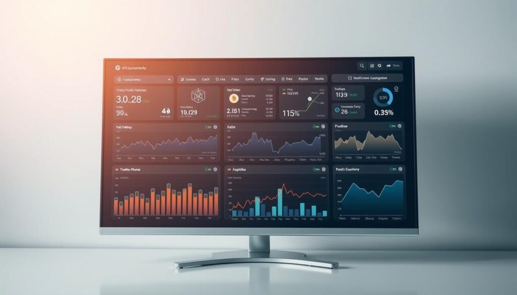 A sleek and modern AI cryptocurrency analytics dashboard displayed on a high-resolution monitor. The foreground features various interactive visualizations, charts, and graphs displaying real-time data on cryptocurrency prices, trading volumes, market trends, and portfolio performance. The middle ground showcases intuitive data filters, sorting, and aggregation tools, allowing the user to drill down and analyze the data. The background depicts a minimalist and futuristic user interface with clean lines, neutral tones, and subtle holographic accents, creating an atmosphere of advanced technology and data-driven insights. Soft, diffuse lighting illuminates the scene, giving it a professional and authoritative feel. The overall composition conveys the power of AI-driven crypto analytics for making smarter investment decisions.