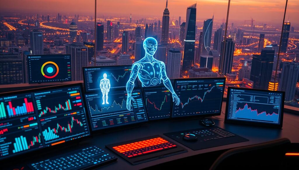 A sleek and modern control panel featuring an array of analytical tools, charts, and dashboards. The foreground showcases a series of interactive risk management modules, with colorful holographic displays and intuitive interfaces. In the middle ground, an AI assistant offers real-time insights and recommendations, its avatar projected as a glowing, translucent figure. The background features a dynamic cityscape of futuristic skyscrapers and infrastructure, bathed in a warm, subdued lighting that creates a sense of technological sophistication and security. The overall scene conveys a balance of power, precision, and the seamless integration of human and artificial intelligence in the realm of crypto derivatives risk management.