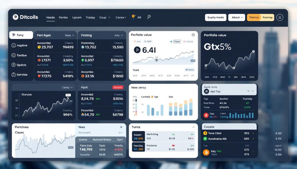 A sleek and modern cryptocurrency portfolio tracker interface, displaying a clean grid of digital assets with their current prices, percentage changes, and overall portfolio value. The foreground features intuitive data visualization elements like charts, graphs, and interactive widgets for analyzing trade history and performance metrics. The middle ground showcases a minimalist dashboard with customizable tiles for tracking market trends, news updates, and user-defined alerts. The background adopts a subtle gradient or blurred cityscape, evoking a sense of technological sophistication and financial prowess. Rendered in a high-resolution, photorealistic style with balanced lighting, crisp edges, and a touch of cinematic depth of field.