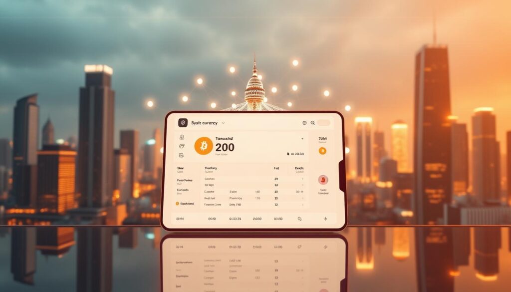 A sleek and modern cryptocurrency wallet interface, centered on a large display showcasing a digital currency transaction. The foreground features an elegant, minimalist wallet design with intuitive controls and a clean user experience. In the middle ground, a 3D model of a blockchain network pulses with animated nodes, representing the secure infrastructure powering the wallet. The background depicts a futuristic cityscape, with skyscrapers and holograms, conveying the cutting-edge technology and global reach of this cryptocurrency integration. Warm lighting and reflective surfaces create a sense of sophistication and innovation.