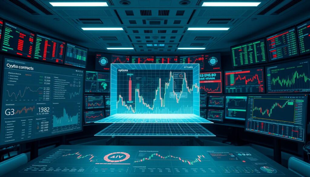 A sleek and modern digital data visualization dashboard, showcasing a variety of cryptocurrency derivative instruments and their real-time performance data. The foreground features a clean and minimalist user interface, with intuitive charts, graphs, and interactive widgets displaying options, futures, and other derivative contract details. The middle ground presents a 3D holographic projection of market volatility indices, pulsing and morphing to reflect the dynamic crypto trading landscape. In the background, a vast array of screens and monitors displays live trading data feeds, news headlines, and algorithmic analysis, all bathed in a cool, neon-tinged lighting scheme that evokes the high-tech, futuristic atmosphere of the crypto markets.