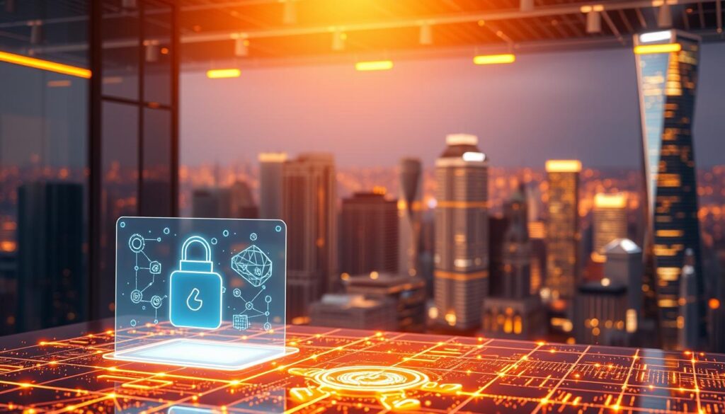 A sleek and modern digital infrastructure, with a blockchain network at its core, illuminated by warm, diffuse lighting. In the foreground, a holographic authentication process unfolds, meticulously verifying the origins and provenance of a luxury item. The middle ground features a complex web of interconnected nodes, representing the decentralized verification system. In the background, a cityscape of gleaming skyscrapers symbolizes the cutting-edge technology powering this innovative solution for luxury anti-counterfeiting.