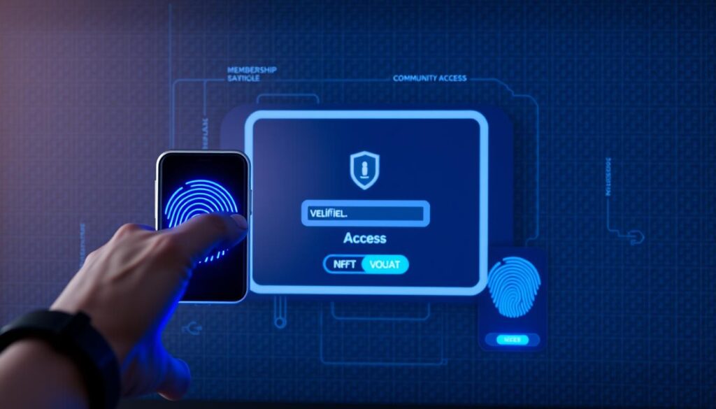 A sleek and modern digital interface showcasing a secure membership verification process. In the foreground, a biometric security scanner scans a fingerprint, its blue light casting a futuristic glow. In the middle ground, a minimalist user interface displays a verification badge and access status. The background features a subtly patterned digital backdrop, evoking a sense of technological sophistication. The overall scene conveys a streamlined, high-tech experience of exclusive community access, reflecting the premium nature of the NFT membership. A sleek and modern digital interface showcasing a secure membership verification process. In the foreground, a biometric security scanner scans a fingerprint, its blue light casting a futuristic glow. In the middle ground, a minimalist user interface displays a verification badge and access status. The background features a subtly patterned digital backdrop, evoking a sense of technological sophistication. The overall scene conveys a streamlined, high-tech experience of exclusive community access, reflecting the premium nature of the NFT membership.