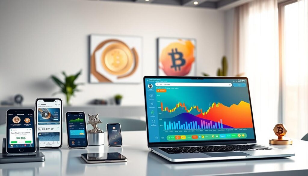 A sleek and modern digital workspace depicting various crypto platforms. In the foreground, a high-resolution laptop displays a vibrant user interface of a cryptocurrency trading platform, featuring colorful charts and graphs. To the left, various mobile devices showcase different apps for monitoring crypto rewards, each with distinct interfaces. The middle ground features a contemporary desk with an elegant cryptocurrency-themed décor, such as a small blockchain figurine and a digital wallet device. In the background, a softly lit room with abstract cryptocurrency art on the walls and a large window providing natural light, hinting at a bright and optimistic atmosphere. The overall mood is professional and innovative, emphasizing the future of crypto rewards and financial technology.
