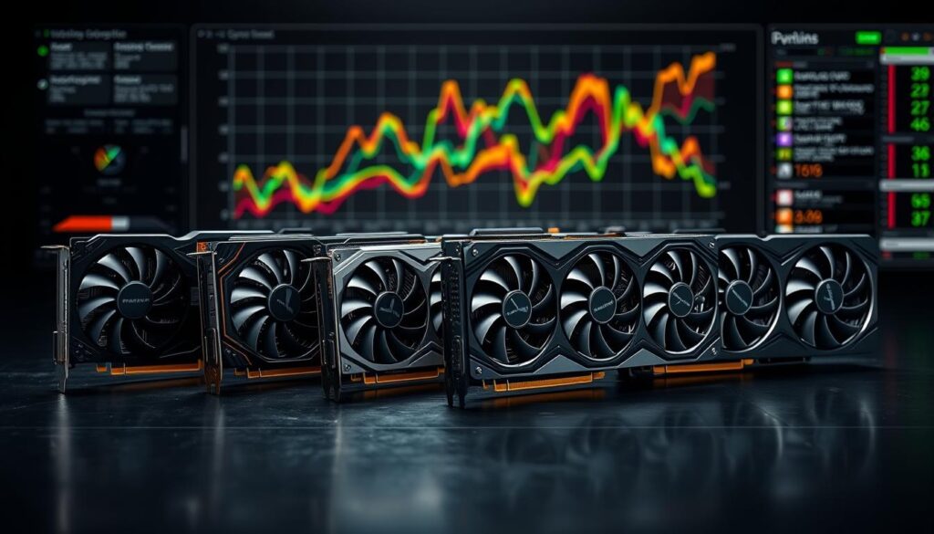 A sleek and modern high-end GPU benchmarking analysis. Showcase a bank of the latest flagship graphics cards arranged neatly on a polished black surface, their intricate circuitry and heat sinks visible. Soft directional lighting casts dramatic shadows, highlighting the cards' angular designs. In the background, a complex graph or chart visualizes performance metrics, color-coded to compare the GPUs' capabilities. The scene conveys a sense of technological sophistication and data-driven insights, suitable for illustrating an in-depth analysis of crypto mining profitability across high-end GPU models.