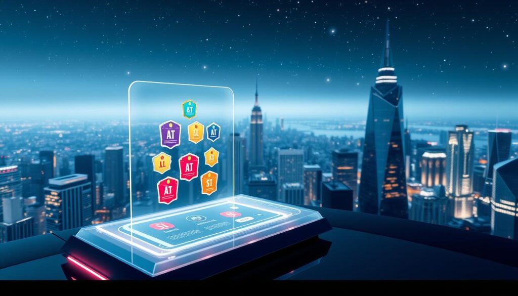 A sleek and modern implementation of an NFT loyalty program. In the foreground, a 3D-rendered holographic display showcases a collection of vibrant, digital loyalty badges. The middle ground features a futuristic user interface, with a clean, minimalist design and intuitive controls for managing rewards and redemption. In the background, a sprawling cityscape with gleaming skyscrapers and a starry night sky sets the scene, conveying a sense of technological advancement and innovation. The lighting is cool and crisp, with strategic highlights drawing the eye to the central loyalty program elements. The overall mood is one of sophistication, progress, and the seamless integration of blockchain technology into everyday brand experiences. A sleek and modern implementation of an NFT loyalty program. In the foreground, a 3D-rendered holographic display showcases a collection of vibrant, digital loyalty badges. The middle ground features a futuristic user interface, with a clean, minimalist design and intuitive controls for managing rewards and redemption. In the background, a sprawling cityscape with gleaming skyscrapers and a starry night sky sets the scene, conveying a sense of technological advancement and innovation. The lighting is cool and crisp, with strategic highlights drawing the eye to the central loyalty program elements. The overall mood is one of sophistication, progress, and the seamless integration of blockchain technology into everyday brand experiences.