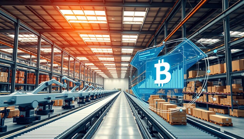 A sleek and modern industrial warehouse, its expansive interior illuminated by warm, diffused lighting from overhead skylights. Crisscrossing conveyor belts and robotic arms orchestrate the seamless flow of goods, while a holographic dashboard displays real-time data analytics and supply chain insights. In the foreground, a blockchain-enabled ledger system integrates with an AI-powered logistics management platform, optimizing inventory, transportation, and delivery. The scene conveys a sense of efficiency, innovation, and the powerful synergy between artificial intelligence and blockchain technology in revolutionizing supply chain operations. A sleek and modern industrial warehouse, its expansive interior illuminated by warm, diffused lighting from overhead skylights. Crisscrossing conveyor belts and robotic arms orchestrate the seamless flow of goods, while a holographic dashboard displays real-time data analytics and supply chain insights. In the foreground, a blockchain-enabled ledger system integrates with an AI-powered logistics management platform, optimizing inventory, transportation, and delivery. The scene conveys a sense of efficiency, innovation, and the powerful synergy between artificial intelligence and blockchain technology in revolutionizing supply chain operations.