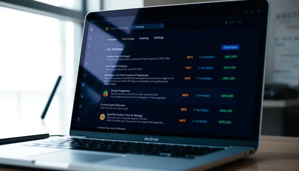 A sleek and modern-looking laptop or desktop computer screen displays a cryptocurrency exchange platform's dashboard. The screen showcases various airdrop options, with detailed information about each program's terms, timelines, and token rewards. The user's cursor hovers over one of the airdrop listings, contemplating the best option to participate in. The workspace is well-lit, with a clean and minimalist aesthetic, reflecting the user's careful and analytical approach to selecting the right airdrop platform. The scene conveys a sense of diligent research and decision-making, crucial for a successful cryptocurrency airdrop campaign.