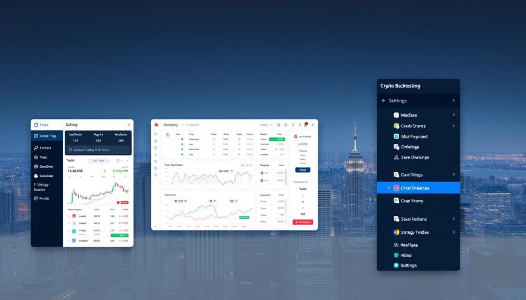 A sleek and modern-looking software interface showcasing various crypto backtesting tools and features. The foreground features a central dashboard with interactive charts, analytical metrics, and customizable settings. The middle ground includes a sidebar with tabs for different backtesting modules, portfolio management tools, and strategy optimization options. The background depicts a cityscape of skyscrapers and financial data streams, conveying the high-tech, data-driven nature of the application. The overall aesthetic is clean, minimalist, and evokes a sense of precision and sophistication in the world of cryptocurrency trading and strategy development.