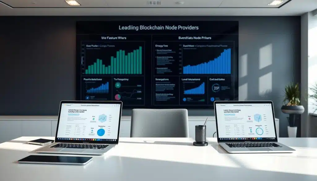A sleek and modern office setting, with a clean, well-lit workspace. On the desk, three laptop computers are neatly arranged, each displaying detailed information about leading blockchain node providers. The laptops are surrounded by minimalist yet elegant office accessories, creating a professional and organized atmosphere. Soft, directional lighting casts subtle shadows, accentuating the textures and materials of the devices and accessories. The background features a large, high-resolution display showcasing comparative charts and graphs, providing a comprehensive visual representation of the key features and performance metrics of the different node providers. The overall scene conveys a sense of analytical decision-making, technological prowess, and informed comparison.