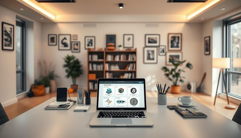 A sleek and modern office setting, with a large desk in the foreground. On the desk, a laptop displaying various NFT generator platform options, surrounded by a selection of digital devices, art supplies, and a cup of coffee. In the middle ground, a neatly organized bookshelf and several framed digital art pieces adorning the walls. The background is softly lit, with warm lighting filtering through large windows, creating a cozy and productive atmosphere. The overall scene conveys a sense of thoughtful consideration and research into finding the perfect AI-powered NFT generation platform. A sleek and modern office setting, with a large desk in the foreground. On the desk, a laptop displaying various NFT generator platform options, surrounded by a selection of digital devices, art supplies, and a cup of coffee. In the middle ground, a neatly organized bookshelf and several framed digital art pieces adorning the walls. The background is softly lit, with warm lighting filtering through large windows, creating a cozy and productive atmosphere. The overall scene conveys a sense of thoughtful consideration and research into finding the perfect AI-powered NFT generation platform.