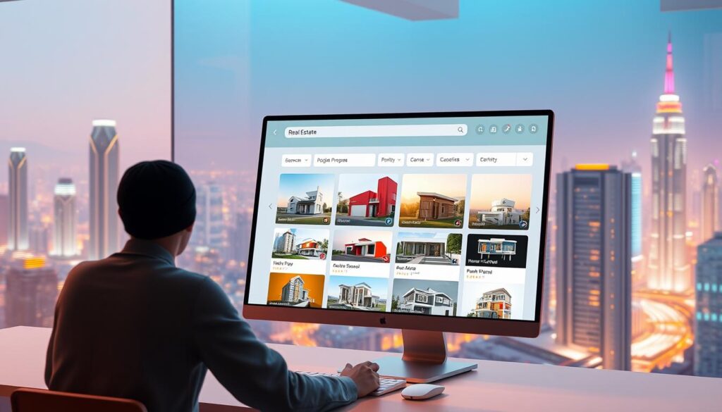 A sleek and modern virtual real estate marketplace, with a minimalist user interface showcasing a range of digital property listings. The foreground features a user navigating the platform on a high-resolution desktop display, with a streamlined search and filtering system. The middle ground depicts a variety of 3D rendered digital properties, each with a unique architectural style and customizable features. The background shows a futuristic cityscape, with towering skyscrapers and a vibrant, neon-lit landscape, reflecting the cutting-edge nature of the virtual real estate industry. The scene is illuminated by a warm, directional lighting setup, creating a sense of depth and highlighting the detailed textures and materials of the digital environment.