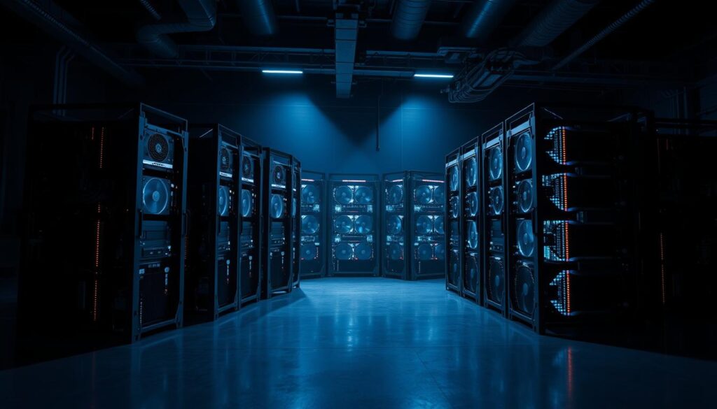 A sleek array of specialized mining rigs stands in a dimly lit industrial space, their metallic frames and glowing LED lights casting dramatic shadows across the room. The rigs are equipped with cutting-edge ASIC chips, massive heatsinks, and high-powered fans, all meticulously arranged for maximum efficiency. The scene is bathed in a soft, cool light, creating an atmosphere of technological precision and focused purpose. The mining hardware appears both powerful and sophisticated, perfectly suited for the complex and demanding task of blockchain transaction validation. A sleek array of specialized mining rigs stands in a dimly lit industrial space, their metallic frames and glowing LED lights casting dramatic shadows across the room. The rigs are equipped with cutting-edge ASIC chips, massive heatsinks, and high-powered fans, all meticulously arranged for maximum efficiency. The scene is bathed in a soft, cool light, creating an atmosphere of technological precision and focused purpose. The mining hardware appears both powerful and sophisticated, perfectly suited for the complex and demanding task of blockchain transaction validation.