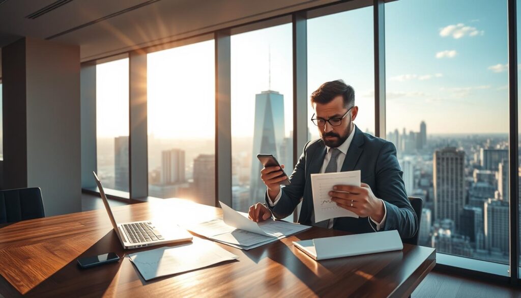 A sleek, contemporary office with floor-to-ceiling windows overlooking a bustling cityscape. In the foreground, a polished wooden desk hosts a laptop, financial documents, and a mobile phone displaying stock charts. The middle ground features a well-dressed investor intently studying the data, their expression a mix of contemplation and concern. In the background, a towering skyline reflects the ever-changing regulatory landscape, with sunlight streaming through the windows and casting a warm, pensive glow over the scene. The overall atmosphere conveys the complex interplay between investor sentiment and the influential forces of financial regulations. A sleek, contemporary office with floor-to-ceiling windows overlooking a bustling cityscape. In the foreground, a polished wooden desk hosts a laptop, financial documents, and a mobile phone displaying stock charts. The middle ground features a well-dressed investor intently studying the data, their expression a mix of contemplation and concern. In the background, a towering skyline reflects the ever-changing regulatory landscape, with sunlight streaming through the windows and casting a warm, pensive glow over the scene. The overall atmosphere conveys the complex interplay between investor sentiment and the influential forces of financial regulations.