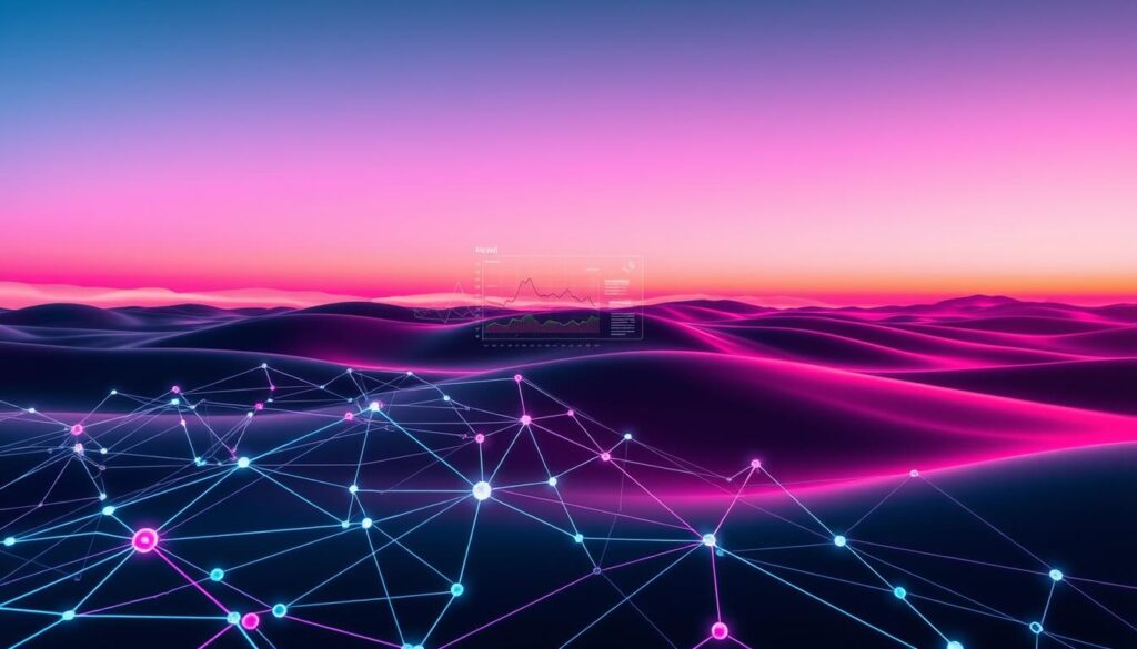 A sleek, futuristic algorithm visualization set against a vibrant, digitally-enhanced backdrop. In the foreground, an intricate network of interconnected lines and shapes representing the complex processes at the heart of AI-powered NFT pricing tools. The middle ground features a dynamic data visualization, with charts and graphs illustrating the insights these algorithms can uncover. In the background, a serene, minimalist landscape with subtle glowing accents, evoking the transformative power of technology. Crisp, high-contrast lighting emphasizes the clean, geometric aesthetic, while a wide-angle lens captures the grandeur and scale of this algorithmic masterpiece. A sleek, futuristic algorithm visualization set against a vibrant, digitally-enhanced backdrop. In the foreground, an intricate network of interconnected lines and shapes representing the complex processes at the heart of AI-powered NFT pricing tools. The middle ground features a dynamic data visualization, with charts and graphs illustrating the insights these algorithms can uncover. In the background, a serene, minimalist landscape with subtle glowing accents, evoking the transformative power of technology. Crisp, high-contrast lighting emphasizes the clean, geometric aesthetic, while a wide-angle lens captures the grandeur and scale of this algorithmic masterpiece.