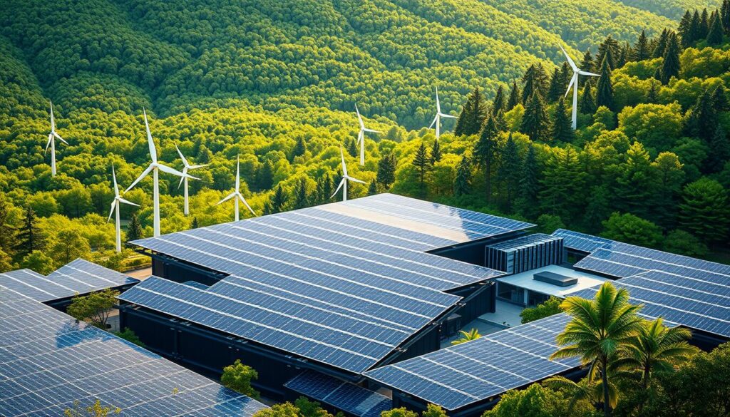 A sleek, futuristic blockchain data center nestled in a lush, sustainable landscape. The facility is powered by a vast array of solar panels, their geometric patterns casting intricate shadows across the façade. In the foreground, a network of interconnected servers hum with the efficient processing of secure, decentralized transactions. The middle ground features wind turbines dotting the horizon, their graceful blades turning in the gentle breeze. The background showcases a verdant forest, its towering trees and vibrant foliage symbolizing the harmony between technology and nature. Warm, soft lighting illuminates the scene, creating a serene, almost ethereal atmosphere.