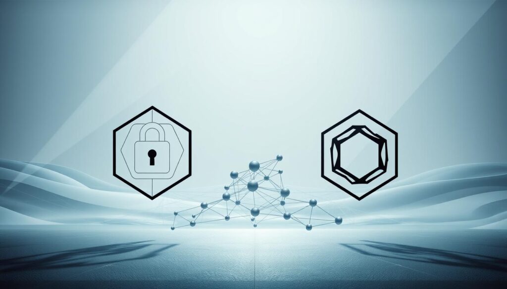 A sleek, futuristic blockchain model comparison. In the foreground, two blockchain networks are depicted as stylized geometric shapes, one with a permissioned lock icon, the other with an open, permissionless symbol. The middle ground showcases a complex web of interconnected nodes, highlighting the decentralized nature of the systems. The background features a minimalist, high-tech landscape with clean lines and a soft, cool color palette, conveying a sense of technological sophistication. Dramatic, directional lighting casts angular shadows, adding depth and drama to the scene. The overall composition emphasizes the contrasting characteristics and architectural differences between permissioned and permissionless blockchain models.