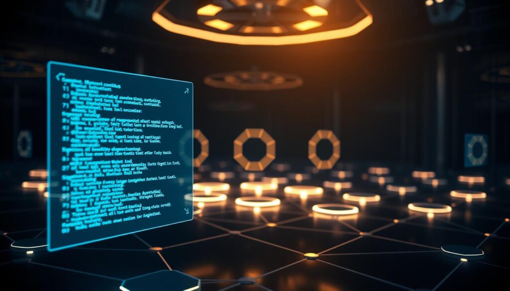 A sleek, futuristic blockchain network with smart contract executions taking center stage. In the foreground, a transparent interface displays lines of code and digital signatures, representing the automated transactions and agreements. Gently glowing hexagonal shapes in the middle ground symbolize the decentralized infrastructure, while a deep, shadowy background hints at the secure, distributed ledger technology. Soft, directional lighting casts a warm, authoritative glow, creating a sense of technological sophistication and innovation. The overall composition conveys the power and precision of blockchain-enabled smart contracts in a visually captivating manner. A sleek, futuristic blockchain network with smart contract executions taking center stage. In the foreground, a transparent interface displays lines of code and digital signatures, representing the automated transactions and agreements. Gently glowing hexagonal shapes in the middle ground symbolize the decentralized infrastructure, while a deep, shadowy background hints at the secure, distributed ledger technology. Soft, directional lighting casts a warm, authoritative glow, creating a sense of technological sophistication and innovation. The overall composition conveys the power and precision of blockchain-enabled smart contracts in a visually captivating manner.