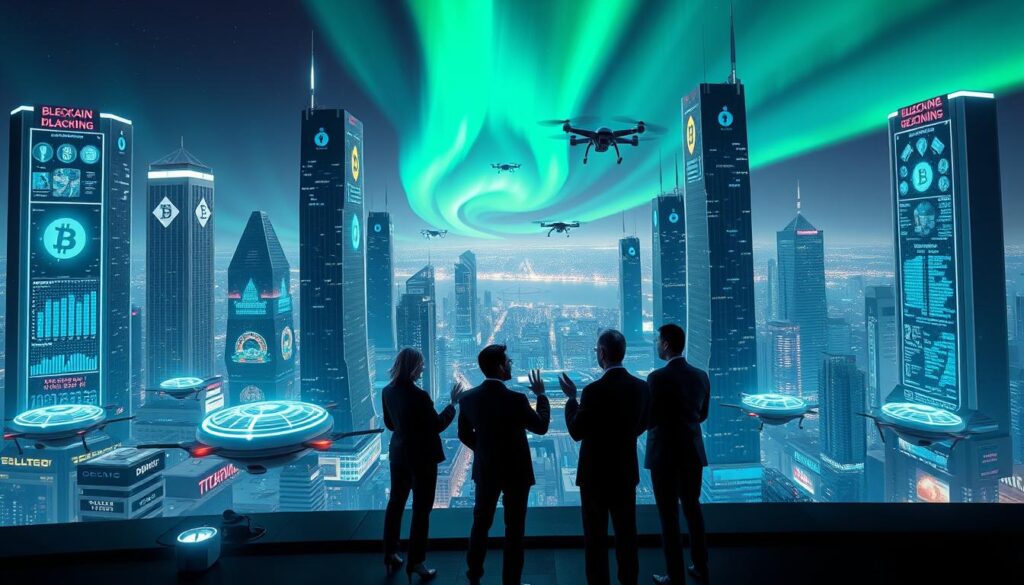 A sleek, futuristic cityscape featuring towering blockchain-inspired skyscrapers adorned with glowing neon symbols and holograms. In the foreground, a group of business professionals in formal attire are engaged in animated discussions, their hands gesturing towards holographic displays showcasing complex data visualizations. The middle ground is dominated by hovering transport pods and drones, casting long shadows across the scene. In the background, a vibrant aurora borealis dances across the night sky, illuminating the city with an otherworldly glow. The overall atmosphere exudes a sense of innovation, technological advancement, and the boundless potential of blockchain and digital assets.