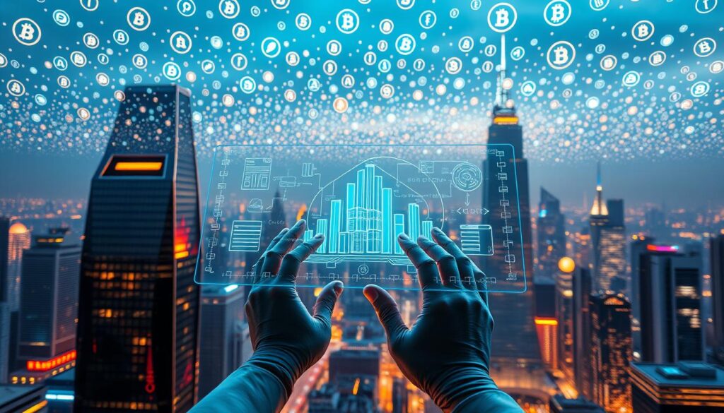 A sleek, futuristic cityscape with gleaming skyscrapers and hovering holograms. In the foreground, a transparent, holographic interface displays intricate blockchain diagrams and smart contract auditing algorithms, operated by the hands of an AI assistant. Overhead, a dazzling array of neon-lit tokens and cryptocurrency symbols fill the sky, casting a mesmerizing glow over the scene. The atmosphere is one of technological sophistication, precision, and the seamless integration of AI and finance. The lighting is a blend of cool, cyberpunk tones and warm, ambient hues, creating a sense of cutting-edge innovation and security.