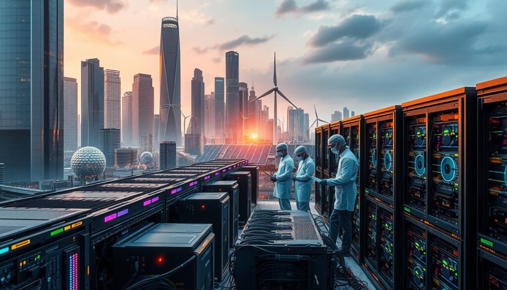 A sleek, futuristic cityscape with towering skyscrapers and gleaming, efficient-looking crypto mining facilities. In the foreground, an array of advanced computing hardware, with colorful LED lights and intricate circuit boards, showcasing the latest technological innovations in energy-efficient crypto mining. The middle ground features engineers and technicians in clean-room attire, closely examining and optimizing the equipment. In the background, a glow of renewable energy sources like solar panels and wind turbines, powering the crypto network sustainably. The scene is illuminated by a warm, ambient lighting, conveying a sense of progress and innovation in the world of energy-conscious blockchain technology.