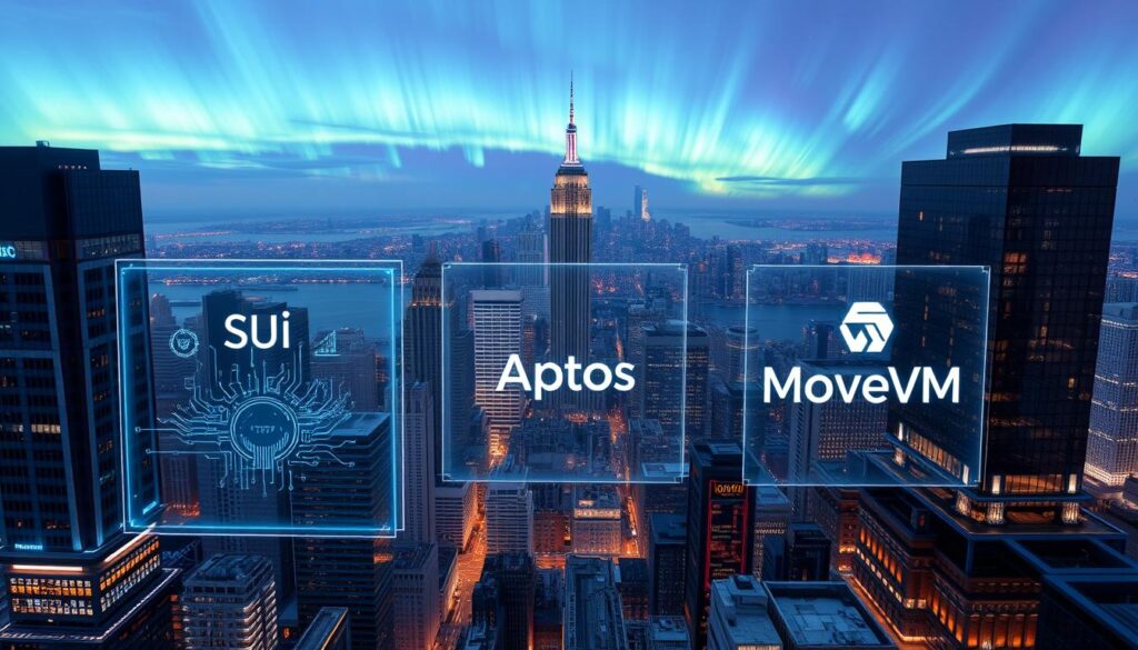 A sleek, futuristic cityscape with towering skyscrapers and gleaming glass facades. In the foreground, three holographic displays showcase the innovative blockchain platforms Sui, Aptos, and MoveVM, their intricate schematics and technical details illuminated by a cool, neon-infused lighting. The middle ground features a bustling financial district, with professionals interacting with advanced blockchain interfaces. The background is dominated by a stunning skyline, with Aurora Borealis-like energy fields pulsing in the night sky, hinting at the advanced computational power powering these cutting-edge blockchain solutions.