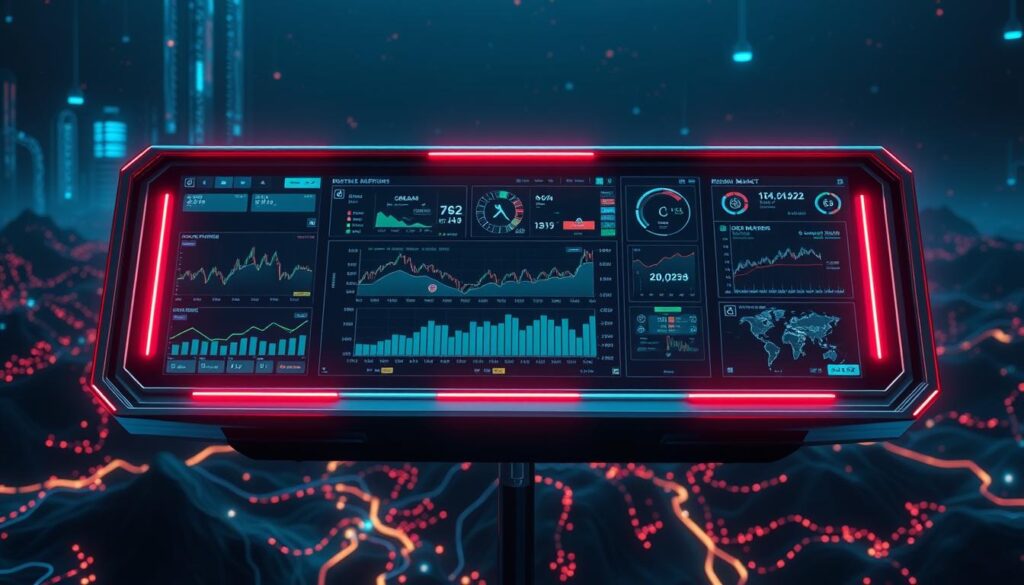 A sleek, futuristic control panel hovers against a backdrop of pulsing digital landscapes, conveying the key concepts of a crypto scalping strategy. Neon-lit graphs and charts display real-time market data, while a central dashboard showcases essential metrics like price fluctuations, order flow, and risk-management tools. The scene is bathed in a cool, techno-chic ambiance, with subtle hints of metallic accents and holographic overlays that elevate the sophisticated, data-driven nature of the scalping approach. Precise camera angles and cinematic lighting accentuate the dynamic, high-stakes nature of the crypto markets, inviting the viewer to immerse themselves in the strategic decision-making process.