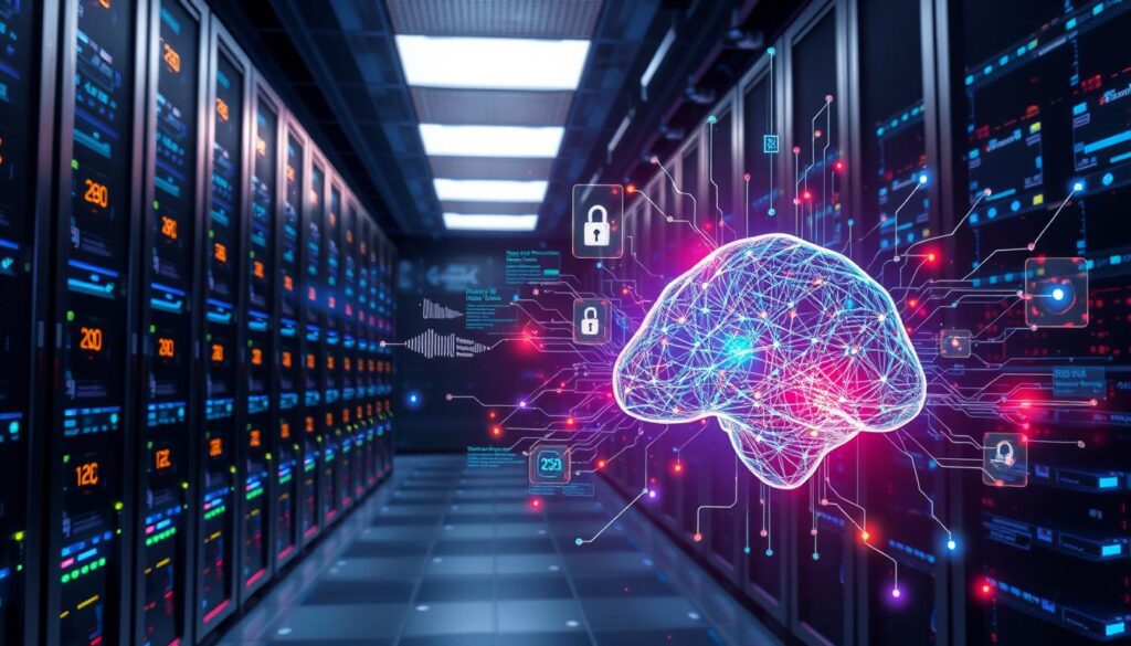 A sleek, futuristic data center with rows of high-performance servers, their LED lights pulsing in a mesmerizing rhythm. In the foreground, an advanced AI system monitoring the network, its neural circuits illuminated in a vibrant array of colors. Holographic displays float in the air, visualizing complex data patterns and security threats. The atmosphere is charged with an aura of technological prowess, conveying the power of machine learning to enhance the protection of digital assets. A sleek, futuristic data center with rows of high-performance servers, their LED lights pulsing in a mesmerizing rhythm. In the foreground, an advanced AI system monitoring the network, its neural circuits illuminated in a vibrant array of colors. Holographic displays float in the air, visualizing complex data patterns and security threats. The atmosphere is charged with an aura of technological prowess, conveying the power of machine learning to enhance the protection of digital assets.