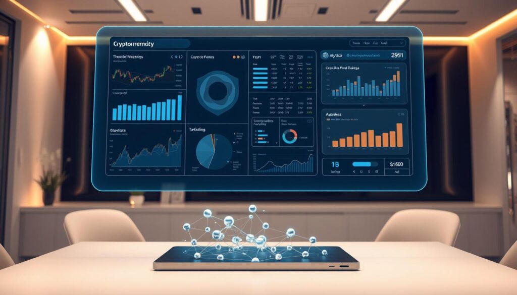 A sleek, futuristic data visualization dashboard hovers above a minimalist workspace. In the foreground, a holographic display showcases a range of cryptocurrency charts, graphs, and analytics tools. The middle ground features a conceptual 3D model of a cryptocurrency network, its nodes and connections pulsing with dynamic energy. The background is a softly lit, high-tech environment with clean lines and subtle metallic accents, evoking a sense of technological sophistication. Warm lighting casts a subtle glow, creating an atmosphere of focused productivity and data-driven decision-making. The overall scene conveys the idea of optimizing crypto investment returns through advanced analytical insights and tools.