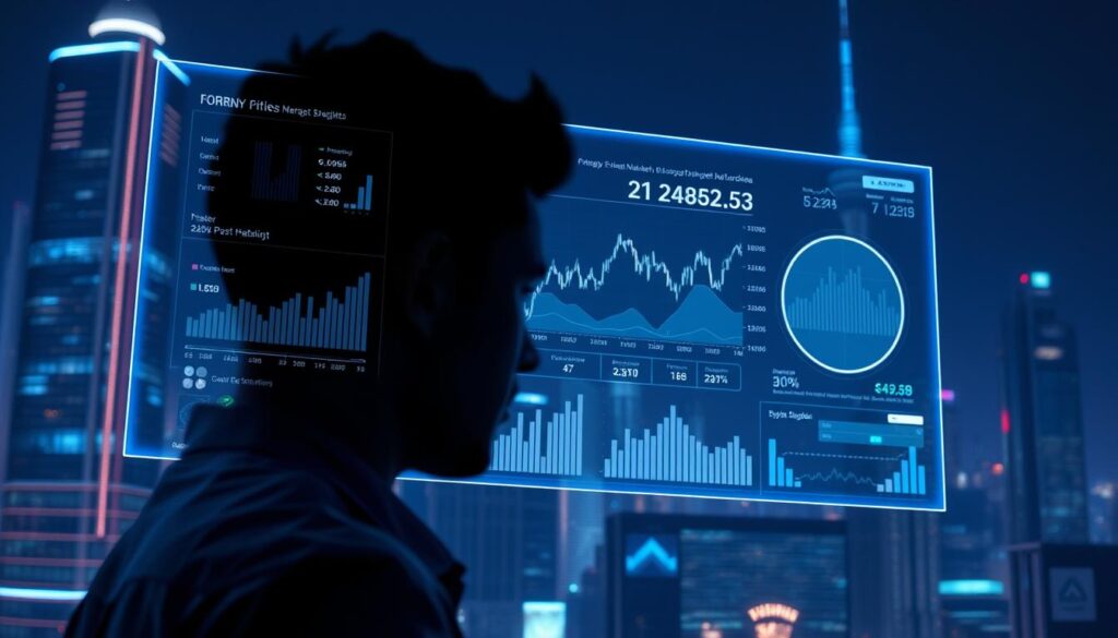 A sleek, futuristic data visualization dashboard hovers in midair, displaying real-time cryptocurrency market data and AI-generated insights. Holographic graphs, charts, and tickers float against a backdrop of a shadowy cityscape, illuminated by neon-tinged skyscrapers. In the foreground, a human analyst examines the dashboard, their face partially obscured by the glow of the display. The scene is bathed in a cool, blue-tinted light, conveying a sense of technological sophistication and the power of machine learning to unlock the complexities of the crypto market.