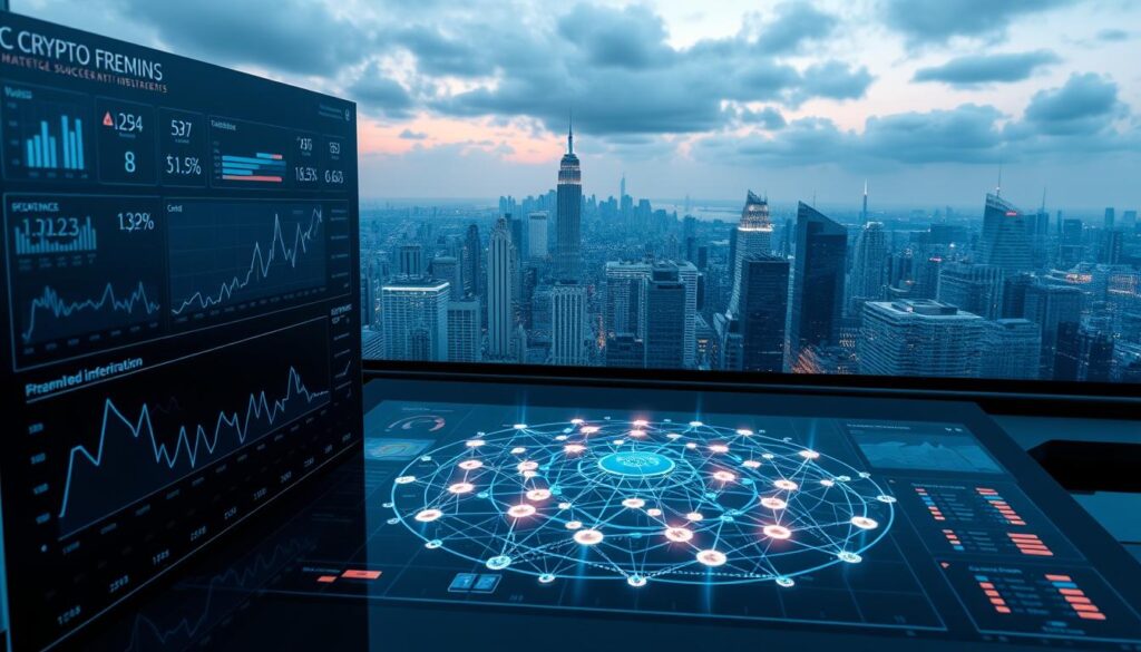 A sleek, futuristic data visualization dashboard showcasing strategic cryptocurrency insights. In the foreground, a series of interactive charts and graphs display key metrics like market trends, investment returns, and growth opportunities. The middle ground features a 3D holographic projection of a cryptocurrency network, with nodes representing digital assets pulsing with real-time data. In the background, a panoramic view of a high-tech, cityscape skyline under a moody, cinematic lighting setup. The overall atmosphere is one of sophisticated analysis, data-driven decision-making, and the potential for early investor success in the dynamic crypto market.