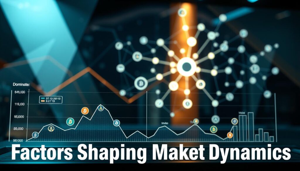 A sleek, futuristic data visualization displaying the key factors shaping the dynamic crypto market landscape. In the foreground, a stylized chart depicting market cap dominance trends, with distinctive cryptocurrency icons representing major players. In the middle ground, a network of interconnected nodes and lines pulsing with data, visualizing the complex web of economic, technological, and regulatory influences. In the background, a backdrop of abstract geometric shapes and gradients, conveying the sense of an ever-evolving, technology-driven financial ecosystem. The lighting is crisp, with subtle highlights accentuating the key elements, and the overall composition is balanced, drawing the viewer's attention to the core insights of the "Factors Shaping Market Dynamics" section.