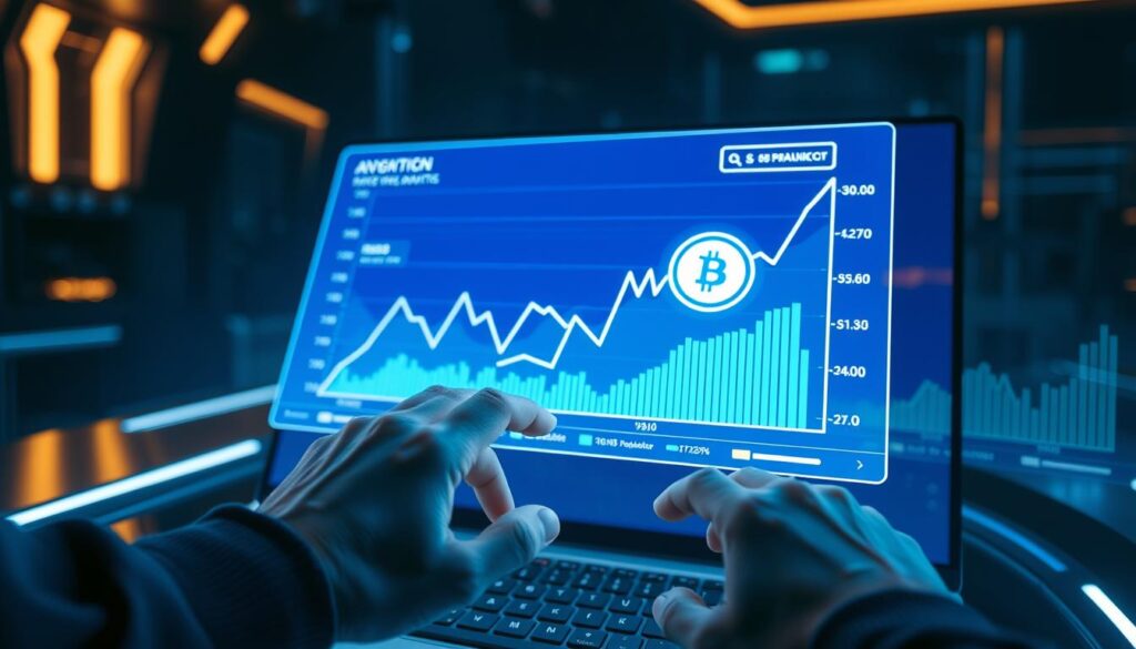 A sleek, futuristic desktop interface displays a holographic projection of a dynamic graph, charting the predicted fluctuations in the value of a cryptocurrency token. The graph is rendered in a palette of blues and greens, with sharp angles and clean lines suggestive of advanced analytics algorithms. In the foreground, a pair of hands interact with the hologram, manipulating the data with precise gestures, while the background is shrouded in a dimly lit, high-tech environment, hinting at the cutting-edge technology powering this predictive analytics system. A sleek, futuristic desktop interface displays a holographic projection of a dynamic graph, charting the predicted fluctuations in the value of a cryptocurrency token. The graph is rendered in a palette of blues and greens, with sharp angles and clean lines suggestive of advanced analytics algorithms. In the foreground, a pair of hands interact with the hologram, manipulating the data with precise gestures, while the background is shrouded in a dimly lit, high-tech environment, hinting at the cutting-edge technology powering this predictive analytics system.