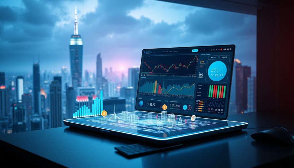 A sleek, futuristic desktop workspace with a holographic display showcasing various cryptocurrency analysis tools. In the foreground, a cutting-edge AI interface with interactive charts, graphs, and data visualizations. The middle ground features a 3D crypto trading dashboard, with virtual currency symbols and trading signals. The background depicts a cityscape of towering skyscrapers, bathed in a vibrant, neon-tinged glow, symbolizing the fast-paced world of cryptocurrency. Dramatic lighting and a moody, tech-inspired color palette evoke a sense of innovation and financial sophistication. A sleek, futuristic desktop workspace with a holographic display showcasing various cryptocurrency analysis tools. In the foreground, a cutting-edge AI interface with interactive charts, graphs, and data visualizations. The middle ground features a 3D crypto trading dashboard, with virtual currency symbols and trading signals. The background depicts a cityscape of towering skyscrapers, bathed in a vibrant, neon-tinged glow, symbolizing the fast-paced world of cryptocurrency. Dramatic lighting and a moody, tech-inspired color palette evoke a sense of innovation and financial sophistication.