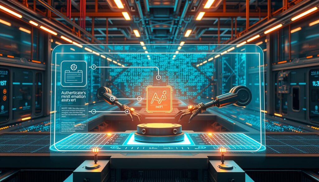 A sleek, futuristic digital factory with a central focus on the minting process of an NFT. In the foreground, a holographic interface displays the step-by-step workflow, with glowing lines tracing the path of an asset being authenticated, encoded, and transformed into a unique digital certificate. In the middle ground, robotic arms carefully handle the digital asset, scanning and encrypting it. The background features a vast, immersive landscape of interconnected blockchain networks, pulsing with data streams and ethereal code. Warm, azure lighting casts an air of technological sophistication, while subtle metallic accents convey the precision and permanence of the NFT minting process. A sleek, futuristic digital factory with a central focus on the minting process of an NFT. In the foreground, a holographic interface displays the step-by-step workflow, with glowing lines tracing the path of an asset being authenticated, encoded, and transformed into a unique digital certificate. In the middle ground, robotic arms carefully handle the digital asset, scanning and encrypting it. The background features a vast, immersive landscape of interconnected blockchain networks, pulsing with data streams and ethereal code. Warm, azure lighting casts an air of technological sophistication, while subtle metallic accents convey the precision and permanence of the NFT minting process.