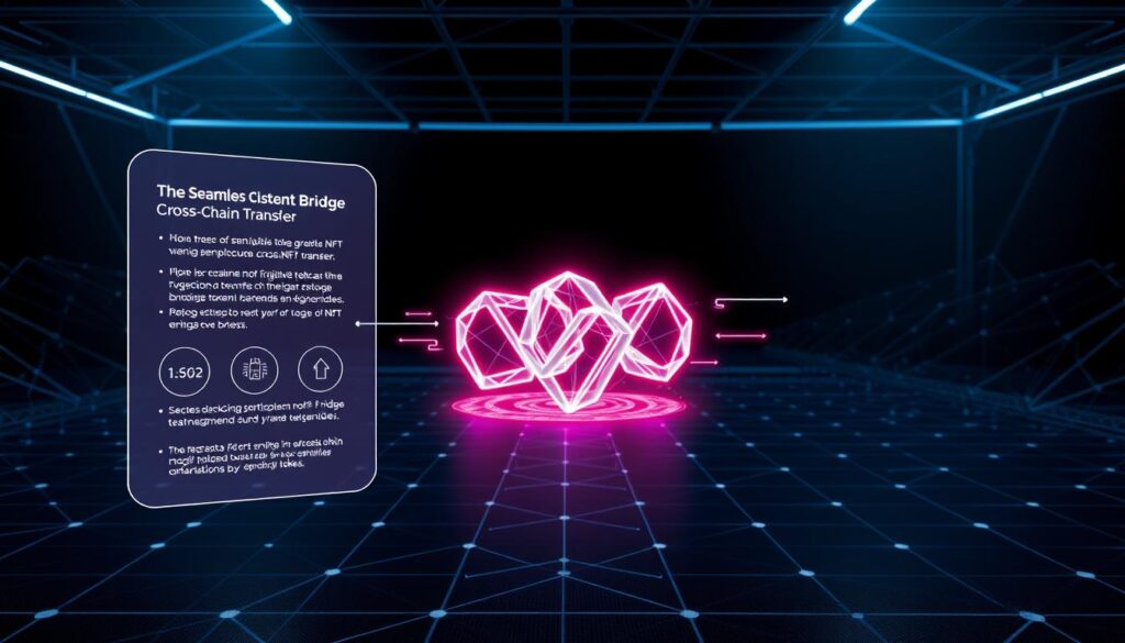 A sleek, futuristic digital interface showcasing the seamless cross-chain NFT bridge transfer process. In the foreground, a transparent holographic display presents a step-by-step guide, meticulously detailing the secure movement of non-fungible tokens across blockchain networks. The middle ground features a vibrant, neon-lit 3D visualization of the bridging mechanism, with interlocking polygon shapes and pulsing data streams. In the background, a dimly lit, abstract landscape of intersecting gridlines and hexagonal patterns sets the stage for this cutting-edge technological marvel. Crisp, directional lighting and a cool, minimalist color palette convey a sense of precision and innovation, perfectly capturing the essence of the "Understanding NFT Bridge Cross Chain Transfer" section.