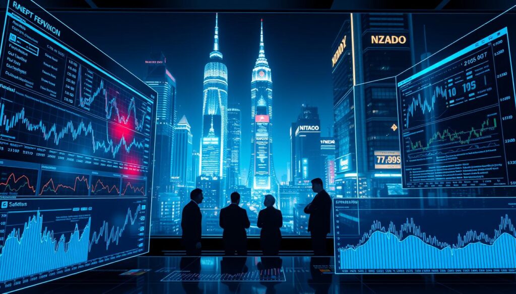 A sleek, futuristic financial dashboard showcasing a dynamic neural network model forecasting cryptocurrency market trends. The foreground features holographic displays with real-time data visualizations, line graphs, and predictive analytics. The middle ground depicts a team of data scientists intently monitoring the system, their faces illuminated by the glow of digital interfaces. In the background, a cityscape of towering skyscrapers and glowing neon signage sets the scene of a cutting-edge financial district. The lighting is cool and tech-forward, with clean lines and minimalist design elements conveying a sense of precision and innovation in the world of deep learning-driven financial forecasting.