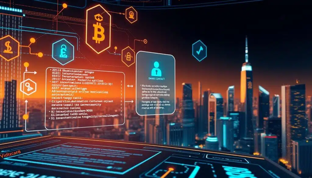 A sleek, futuristic interface displaying a smart contract's automated execution, with floating blockchain symbols and data streams. The foreground showcases a virtual ledger, smart contract code, and transaction details. The middle ground features a virtual assistant guiding the process, while the background depicts a cityscape with skyscrapers symbolizing the scale and impact of blockchain technology. Warm lighting and a cool color palette convey the precision and efficiency of this secure, decentralized solution.