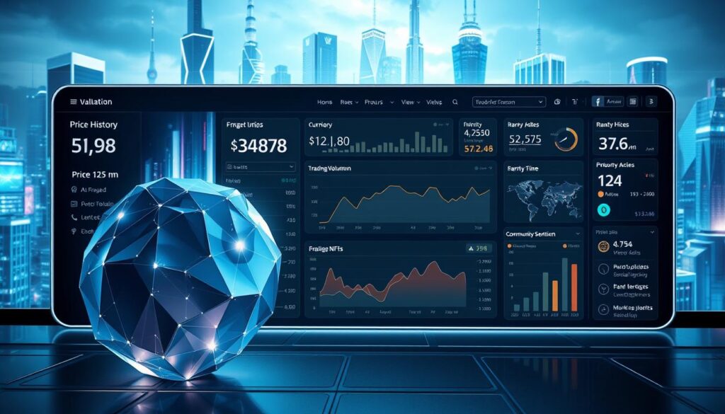 A sleek, futuristic interface displaying various NFT valuation metrics, including price history, rarity, trading volume, and community sentiment. The foreground features a 3D rendering of a complex polygon-based NFT asset, its edges shimmering with digital energy. In the middle ground, a dynamic dashboard presents real-time data visualizations, charts, and analytics tools. The background depicts a cityscape of towering digital skyscrapers, holograms, and neon-lit screens, conveying a sense of the advanced, high-tech world of NFT valuation. Soft, directional lighting casts dramatic shadows, while the overall color palette is a harmonious blend of blues, grays, and metallic accents, evoking a sophisticated, cutting-edge aesthetic.